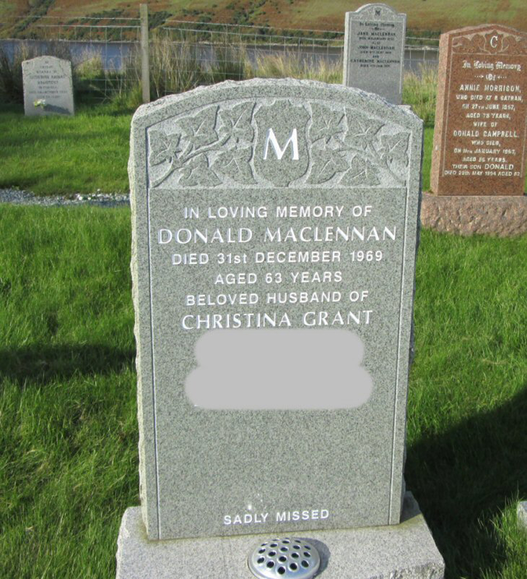 Photo of headstones/Donald MacLennan died 1969 MI Carbost, Bracadale